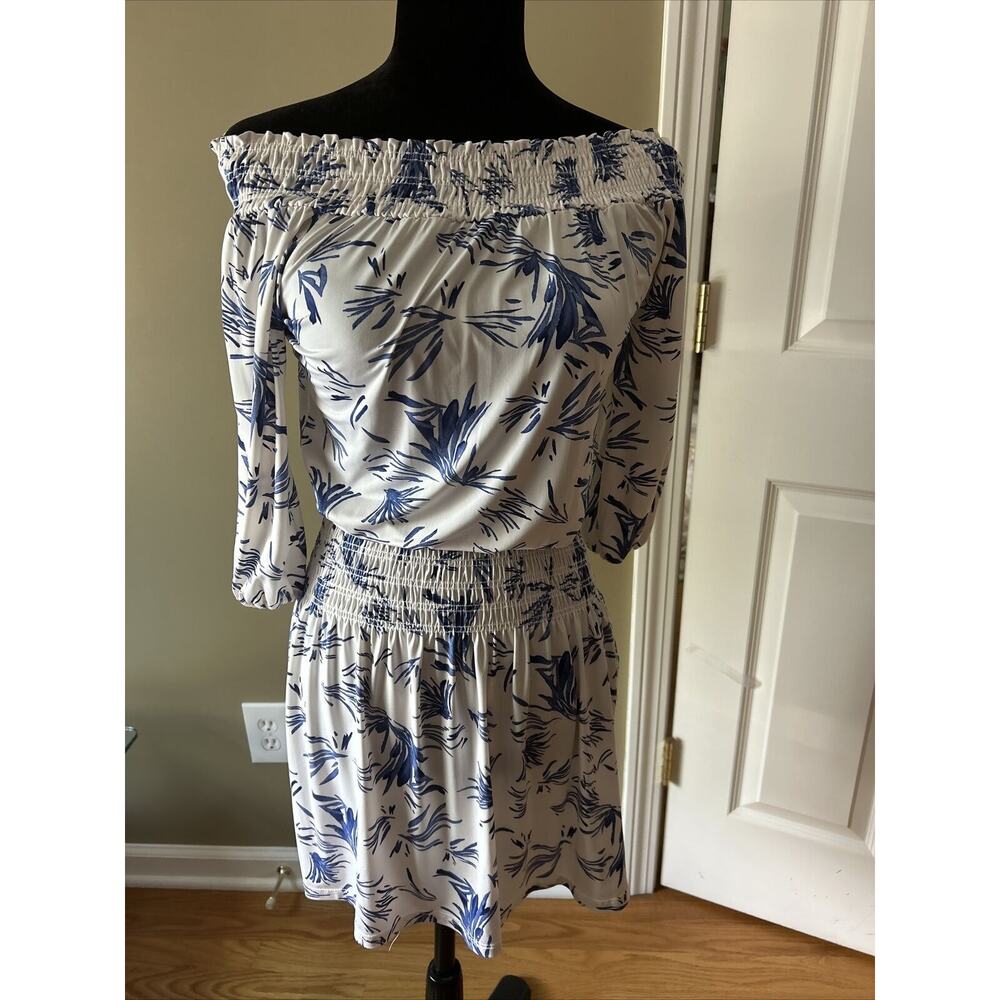 Veronica M. Women's Smocked off shoulder knit Dress blue white sz XS 3/4 sleeve